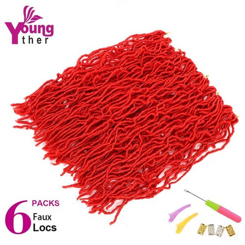 Youngther Red Faux Locs Crochet hair 24 inch 6 Packs New Soft Goddess locs Crochet Hair Pre Looped Synthetic Crochet Braiding Hair Extensions (24 inch (Pack of 6), Red)