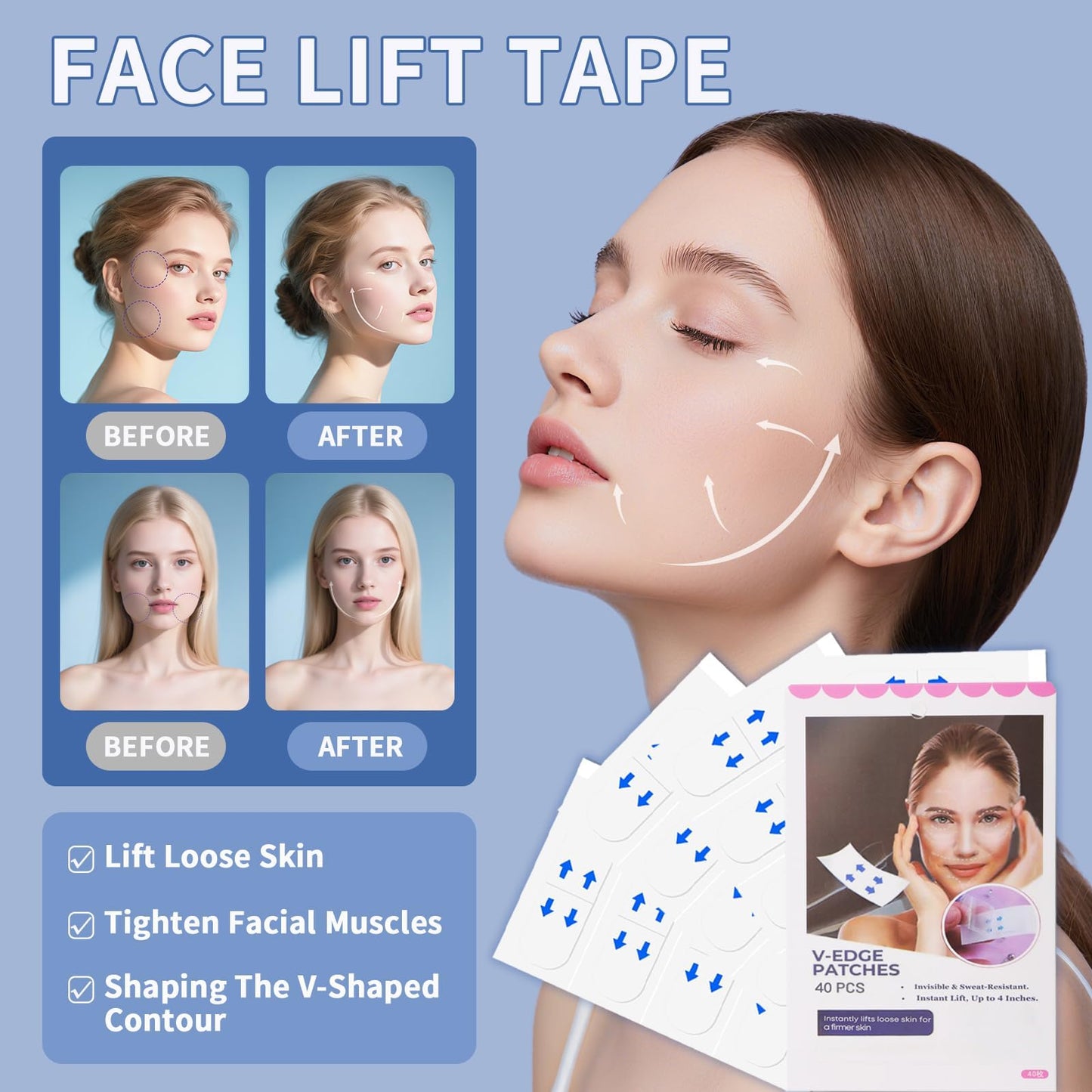 XronSlute 80Pcs Face Lifting Tape,Face Lift Tape Invisible,Makeup Facelift Invisible Behind Turkey Neck