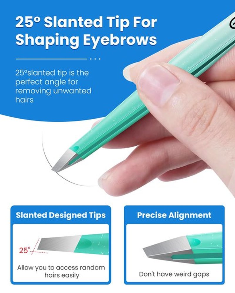 Expert Slant Tip Tweezers with Leather Case, GlamTweeler Sharp & Precision Stainless Steel Tweezer for Eyebrows, Facial Hair and Fine Hairs Removal (Sparkle Mint Green & Silver)