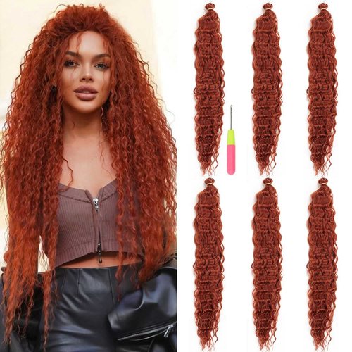MAYSA Copper Ocean Wave Crochet Hair Extension, 22 inch 6packs Curly Braiding Crochet Hair, Synthetic Crochet Hair Extensions for Women #350 Copper Red