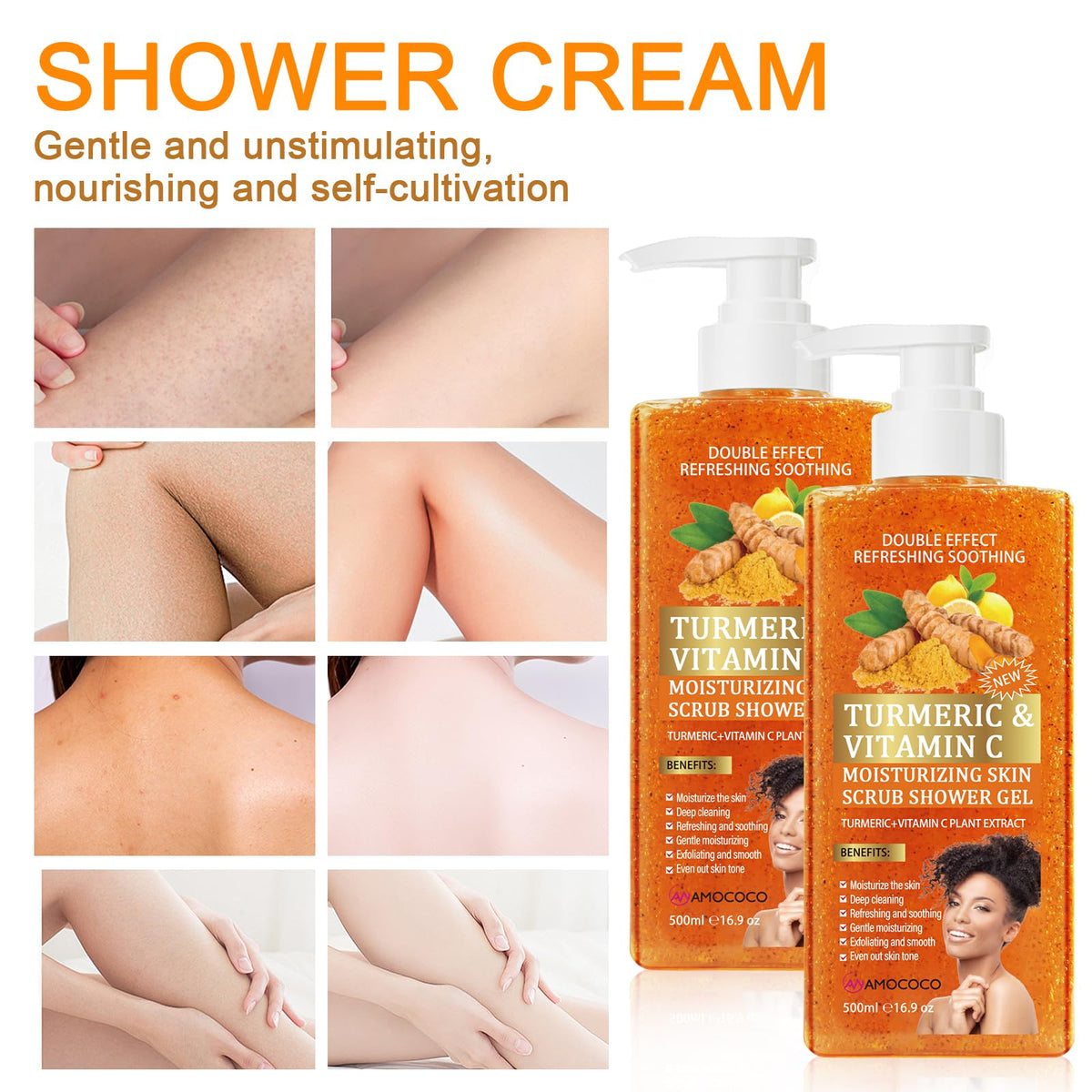 Amococo Vitamin C Turmeric Body Scrub Body Wash, Gentle Exfoliating Shower Gel with Fine Scrub Particles, Hydrating & Moisturizing Daily Cleanser Shower Gel, Unisex, 16.9 fl oz