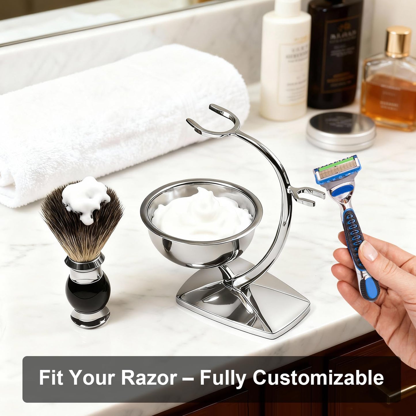 GRUTTI Shaving Bowl, Stand and Brush Set - 3-Piece Magnetic Base Bowl, Chrome Alloy Stand & Synthetic Brush | Razor Not Included