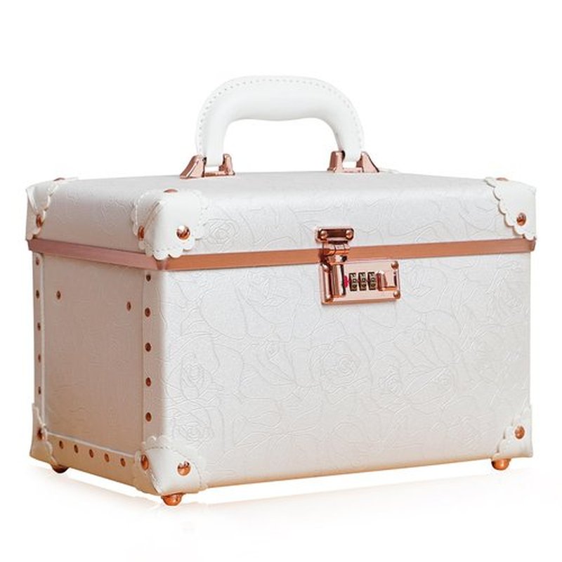 urecity Portable Retro Leather Makeup Train Case Cosmetic Organizer Case Leather Storage Box with Combination Lock (12.5", Rose White)