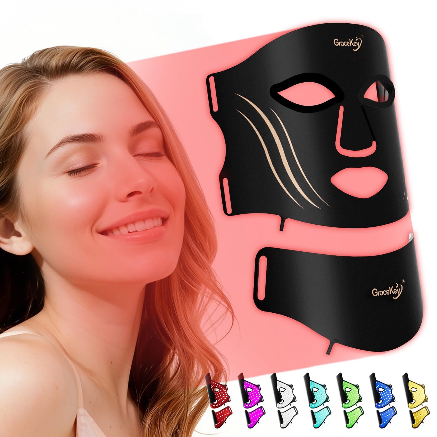 Gracekey Red Light Therapy for Face and Neck, Red Light Therapy Mask with Neck Masks, 2000mAh Rechargeable Light Therapy with Timer for Home Use