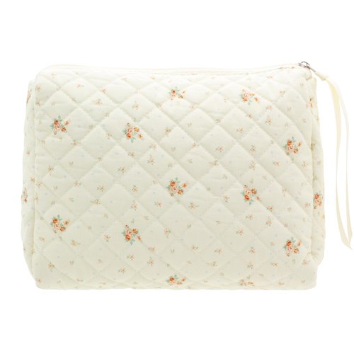 PAZIMIIK Cotton Makeup Bag for Women Large Quilted Travel Cosmetic Pouch Girls' Make Up Organizer,Floral White