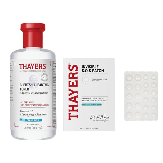Thayers Blemish Clearing Salicylic Acid Toner, Soothing and Non-Stripping Skin Care,12 Fl Oz + Thayers Invisible S.O.S Hydrocolloid Acne Pimple Patch, Ultra-Thin Design, Set of 22 Pimple Patches