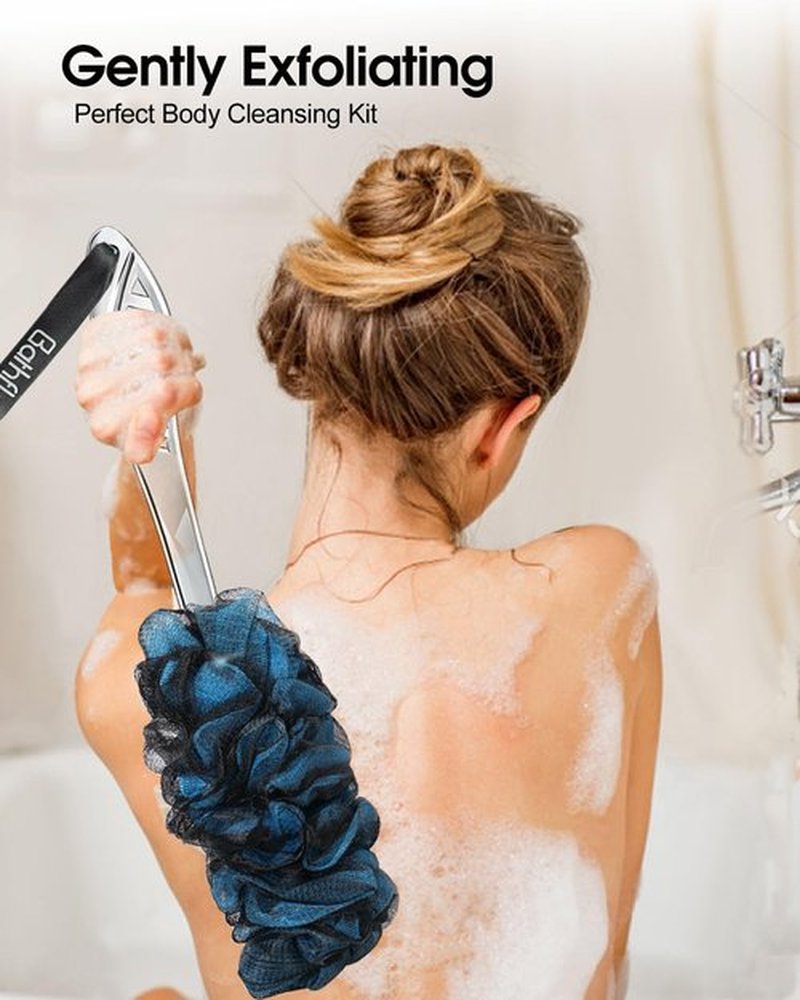 Bathflor Shower Loofah Sponge Exfoliating Body Scrubber 80g, Charcoal Loofa for Women & Men Bath Wash: 1 Long Handle Back Brush Plus 4 Packs Extra Large 80g Soft Luffa Poufs, 1 Lufa Hook (Charcoal)