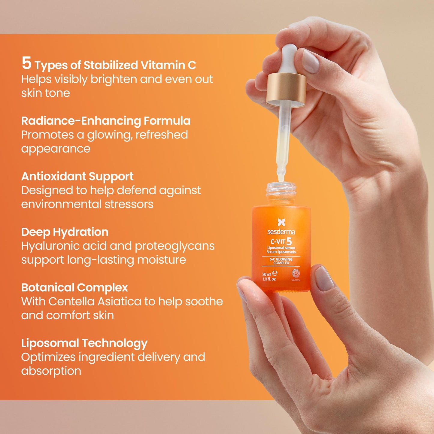 Sesderma C-VIT 5 Fusion Vitamin C Serum, Boosted Hydration, Radiant Glow, Antioxidant Defense, Targets Pigmentation, Pro Skincare Formula, 1.0 fl. Oz