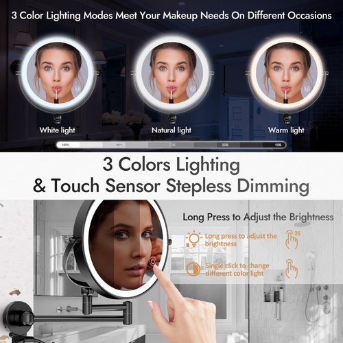 Rocollos Height Adjustable Wall Mounted Makeup Mirror with Towel Ring, Double Sided 1X/10X Magnifying Rechargeable LED Vanity Mirror with Lights 360 Swivel Extendable Arm Lighted Cosmetic Mirror