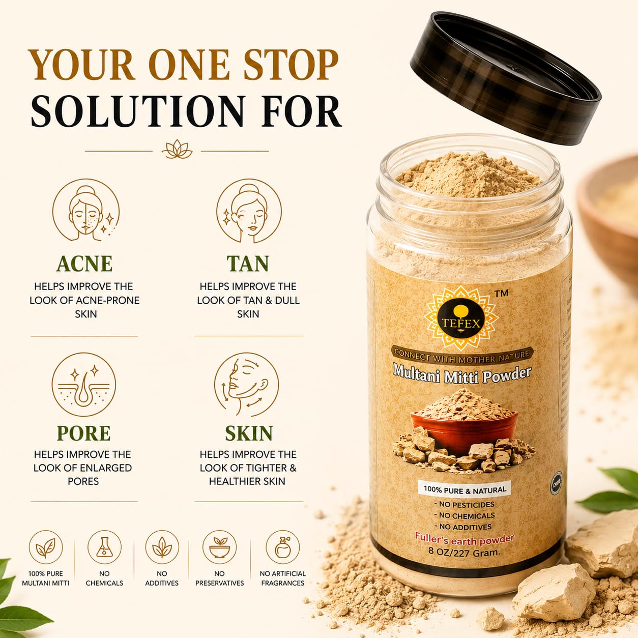TEFEX ENTERPRISES Multani Mitti Powder (Fuller’s Earth) – 227 Grams / 8 oz | 100% Natural Clay for Face Mask, Skin Detox & Oil Control | Airtight Bottle