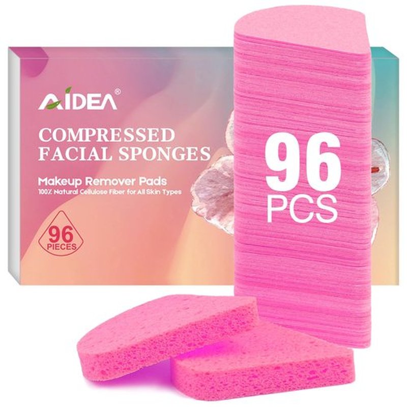 AIDEA 96Count Compressed Facial Sponges Pink, Travel Essentials Makeup Sponges, 100% Natural Cellulose Cosmetic Spa Sponges for Facial Cleansing, Exfoliating, Makeup Remover Pads