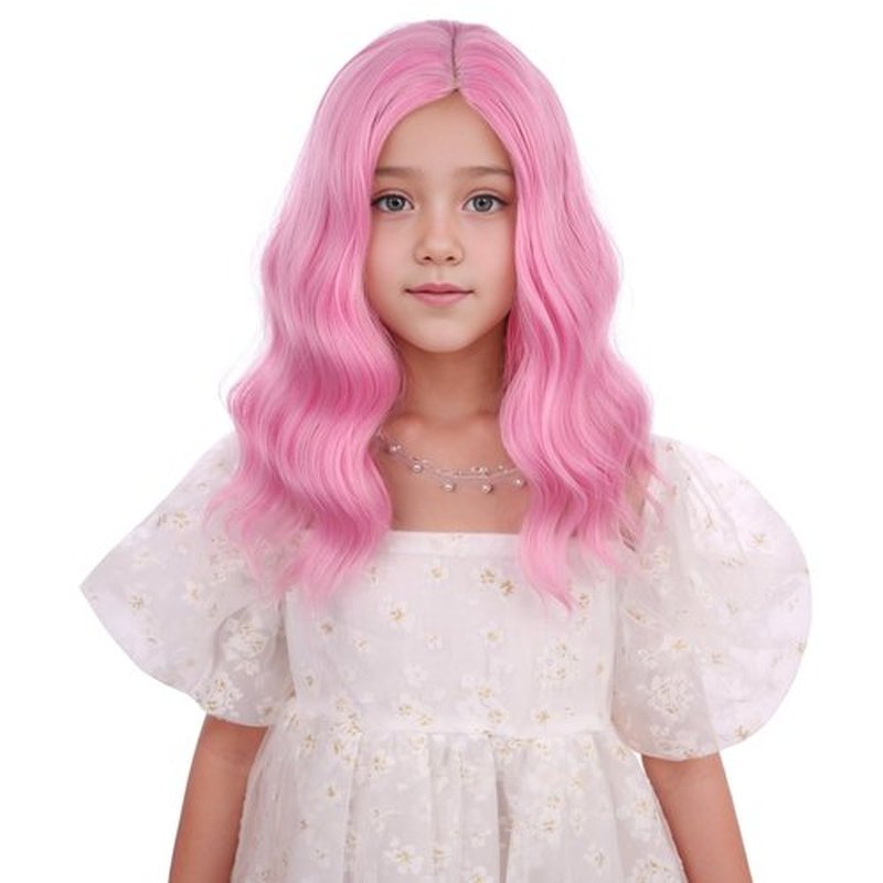 DUDUWIG Girls Light Pink Wig Kids Short Pink Wavy Curly Wigs Children Pink Side Part Wig Synthetic Cosplay Hair Wig