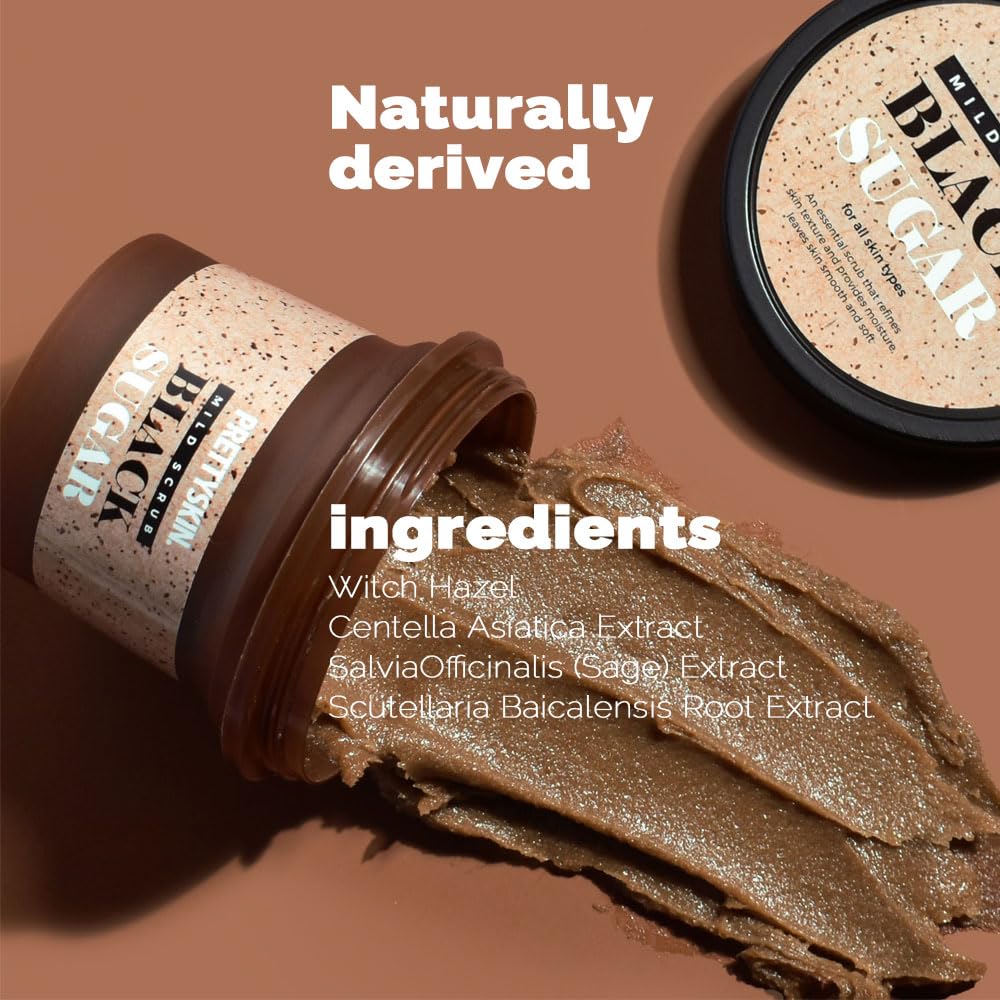 PRETTYSKIN Gentle Strawberry Scent Black Sugar Mild Scrub for Smooth & Hydrated Skin - Natural Exfoliating Scrub with Plant-Based Oils for Sensitive Skin - All Skin Types 3.52 oz