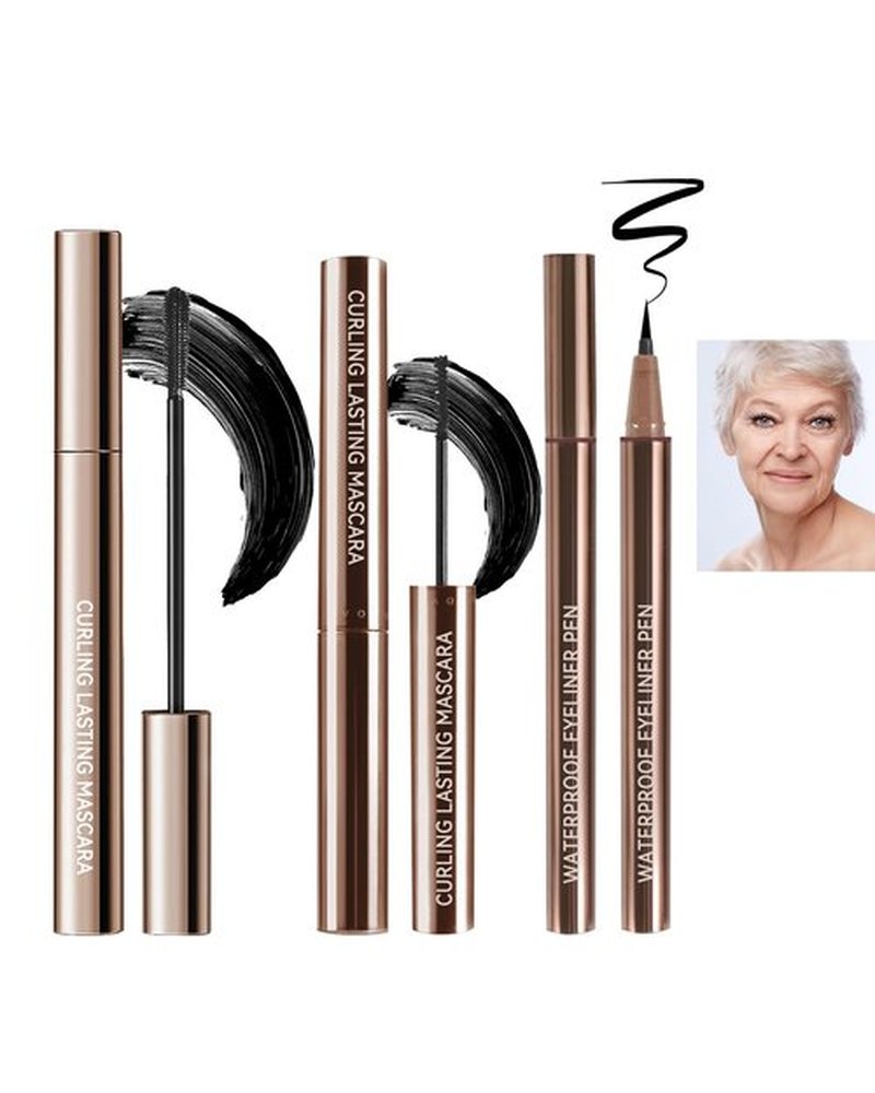 Black Mascara & Eyeliner Pen Kit-2Pcs Longlasting Waterproof Black Tubing Mascara 1Pcs Smudge-Proof Eye Liner Pencil,Volume and Length Curling Mascara Liquid Eyeliner Eye Makeup for Older Women-Set 01