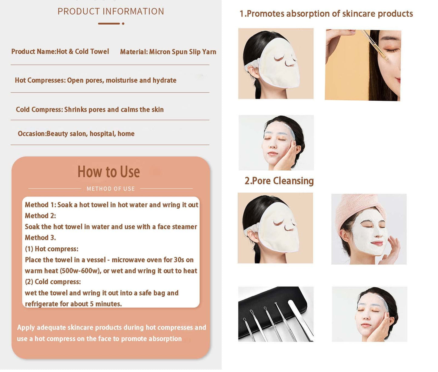 HANSAMU 2 Pack Reusable Hot Cold Face Towel Mask for Skincare, Facial Masks Steamer Facial Kits for Women Girls Estheticians Skin Care, 100 PCS Disposable Preserving, 1 Spa Headband
