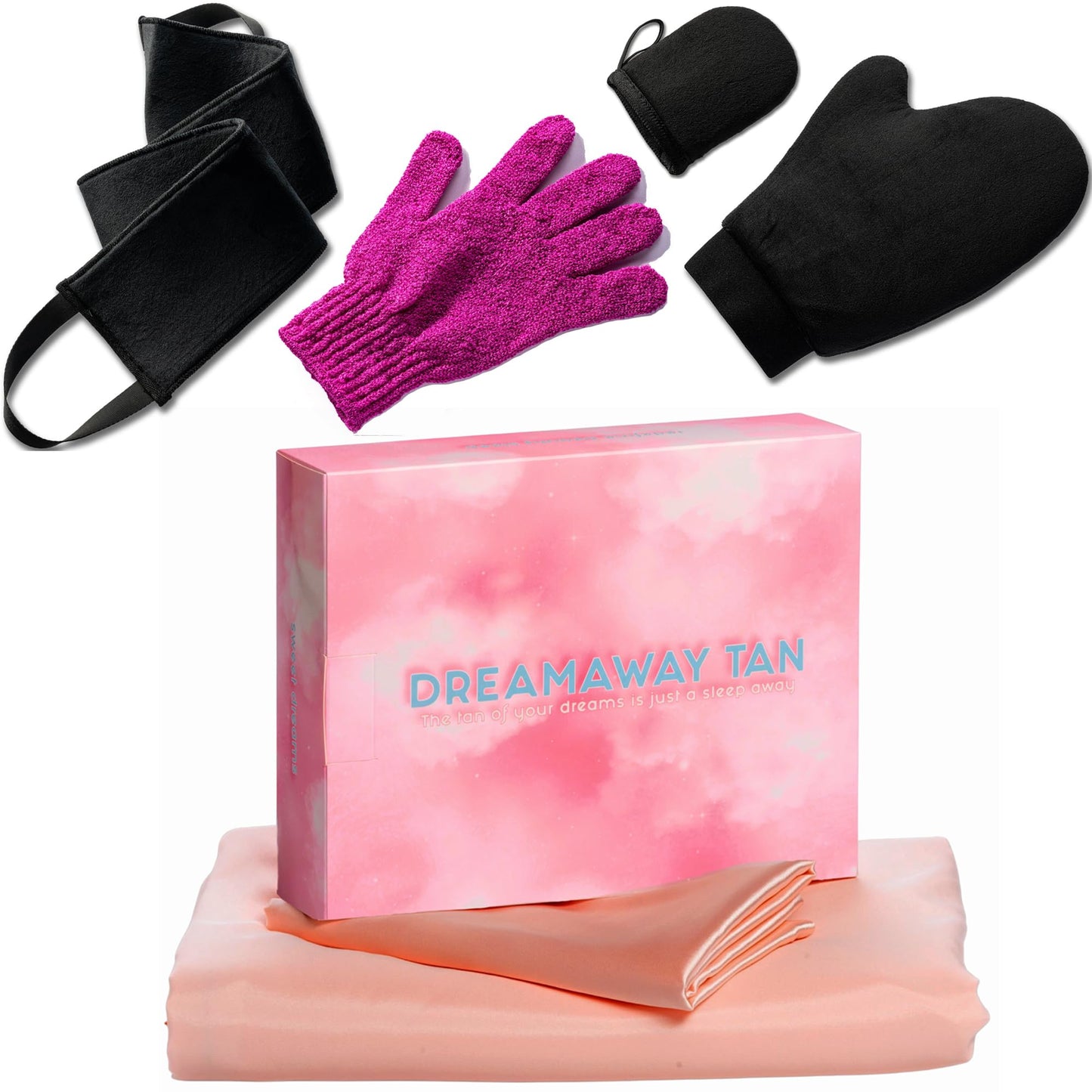 Dreamaway Self Tan Sleep Sac Travel Sheet and 4 Piece Tanning Mitt Kit Bundle - Includes Sewn-in Pillow Holder, 4 Easy Access Zippers and Bonus Pillow Case