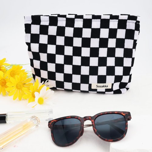 ZLFSRQ Checkered Makeup Bag for Women Girls Large Capacity Black Corduroy Travel Cosmetic Bag Set Makeup Pouch for Purse Zipper Toiletry Organizer Cute Y2K Aesthetic Trendy Makeup Brushes Storage Bag