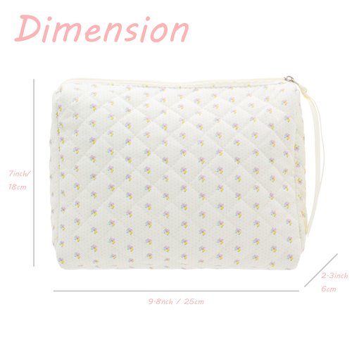 PAZIMIIK Cotton Makeup Bag for Women Large Quilted Travel Cosmetic Pouch Girls' Make Up Organizer,Little Flower White