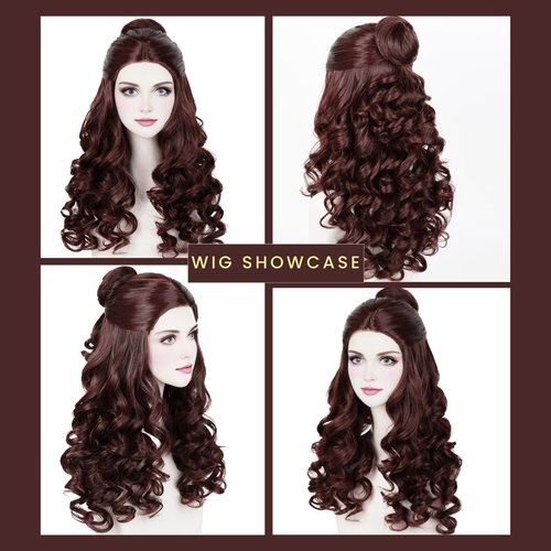 Prestyled Brown Belle Wig for Women + Yellow Ribbon + Detachable Bun, 60cm Long Brown Wavy Hair Wig with Wig Cap for Halloween Costume Cosplay