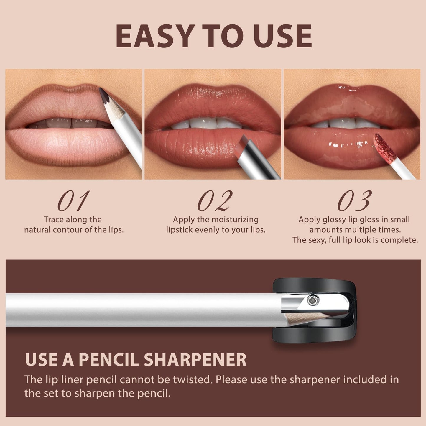 Noerrors 3PCS Lip Liner Tinted Lip Balm and Lip Gloss Combo Set, Lip Kit with Brown Lip Pencil Moisturizing Nude Lipstick and High Shine Lip Glow Oil, Hydrating Long Wear Plumping Lip Trio for Women