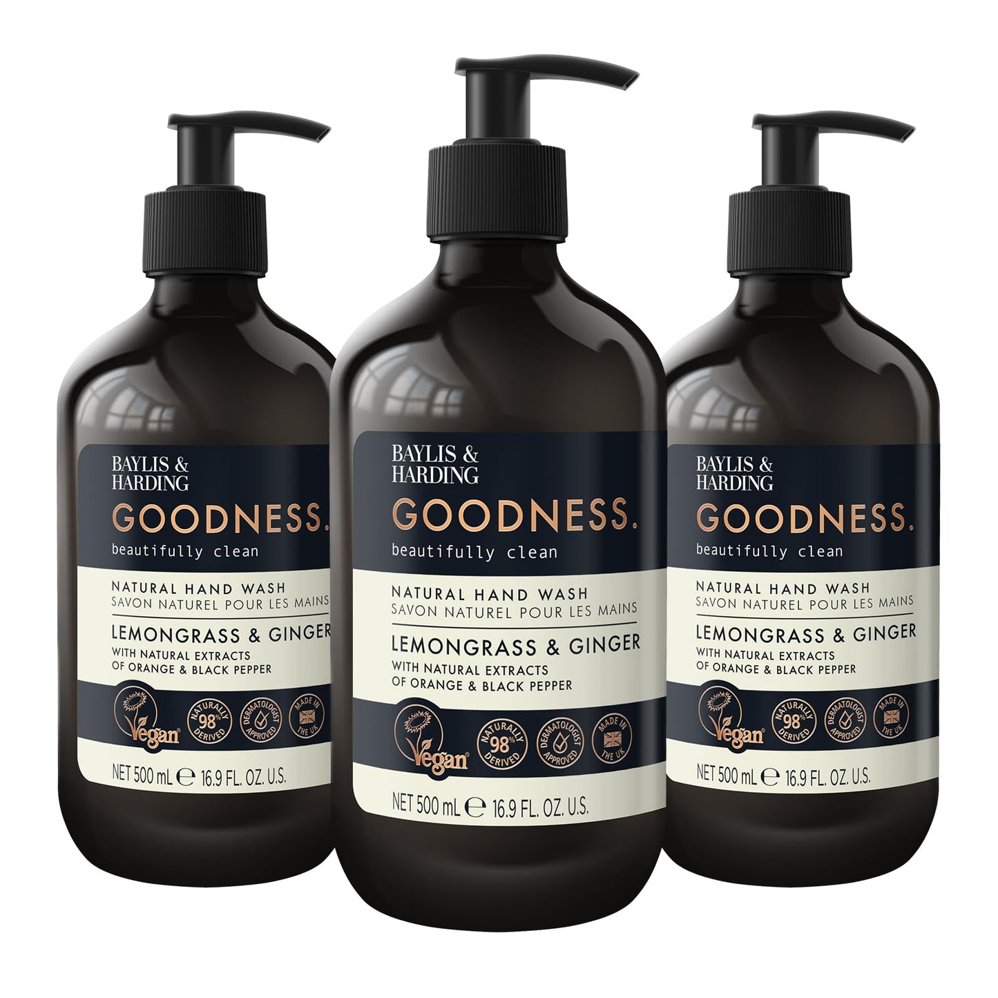 Baylis & Harding Liquid Hand Soap Wash with Dispenser, Goodness, Lemongrass & Ginger, 16.9oz/500ml (3-Pack)
