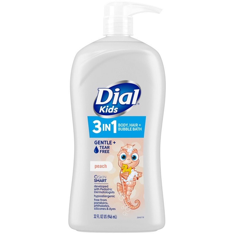 Dial Kids Body+Hair Wash, Melon, 32 fl oz & 3-in-1 Body+Hair+Bubble Bath, Peach, 32 fl oz Bundle