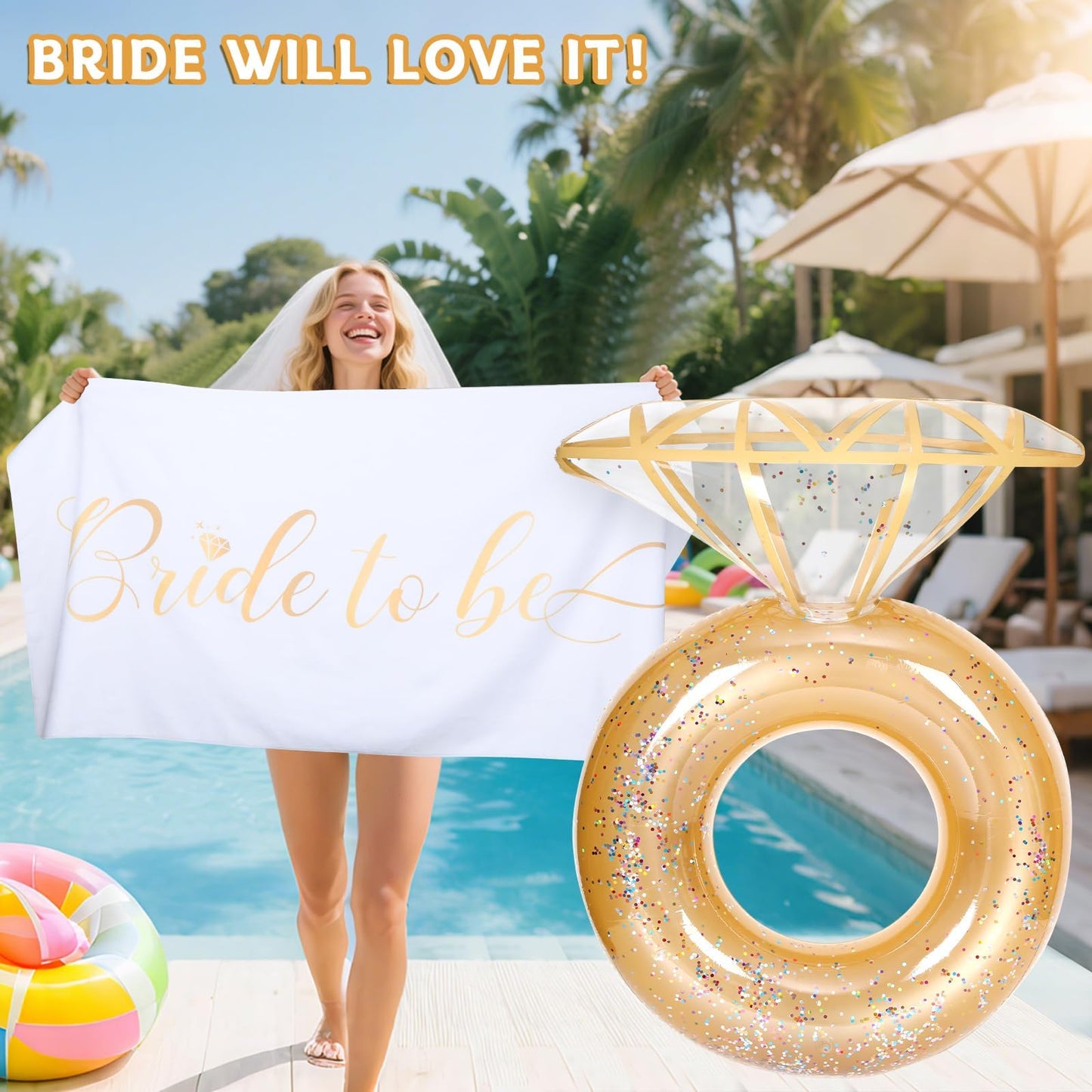 Bride Diamond Ring Pool Float & Towel Set Bachelorette Party Decoration Inflatable Diamond Bride Pool Float Bridal Shower Gift Engagement Party Accessories Swimming Tube River Wedding Photo Prop(Gold)
