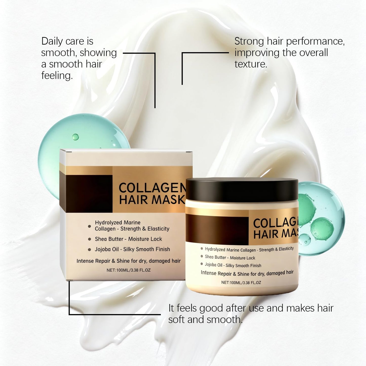 BlueBouff Keratin & Collagen Deep Conditioning Hair Mask, Intensive Hydration for Dry, Damaged Hair, Long-Lasting Moisturizing Treatment, Suitable for All Hair Types, 3.38oz