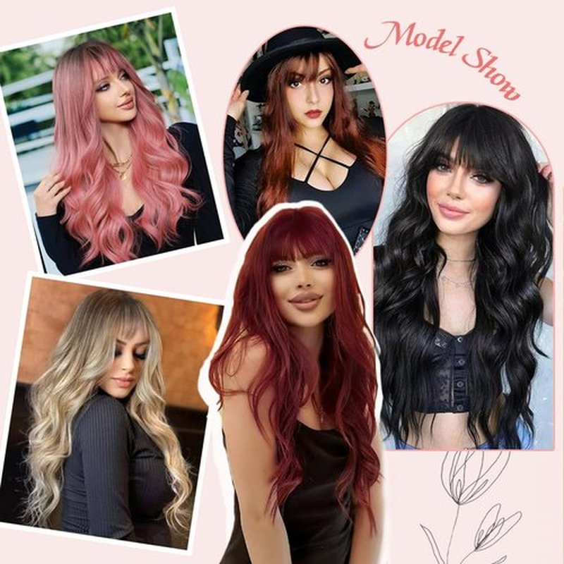 UNNYMGER Reddish Brown Wig with Bangs Long Curly Wig for Women Natural Wavy Wigs skin-friendly synthetic fibersc for festival holiday Use 26IN