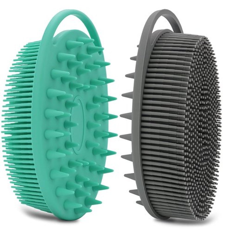 2 Pack Silicone Body Scrubber, Silicone Loofah Double-Sided Body Brush,Silicone Shower Scrubber and Scalp Massager Shampoo Brush for Sensitive Kids Women Men All Kinds of Skin (Green & Gray)