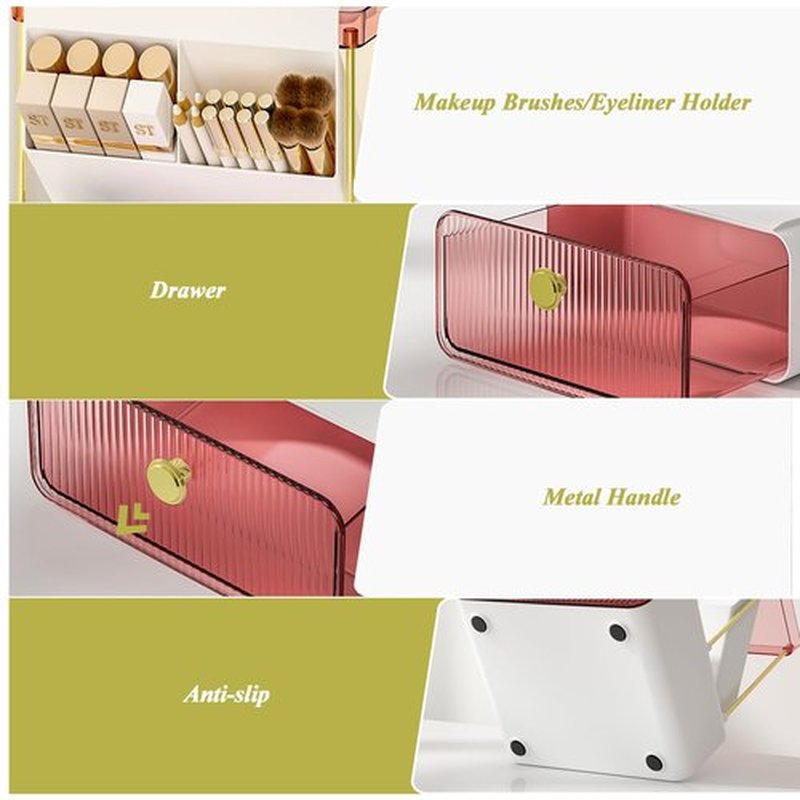 FOLLOWIN Makeup Organizer with Storage Drawer,Cosmetic Display with Lipsticks Brush Holder Perfume Tray,Organize Cosmetics and Beauty Supplies for Vanity,Dresser,Bathroom,Desktop Organizer,Blush Pink