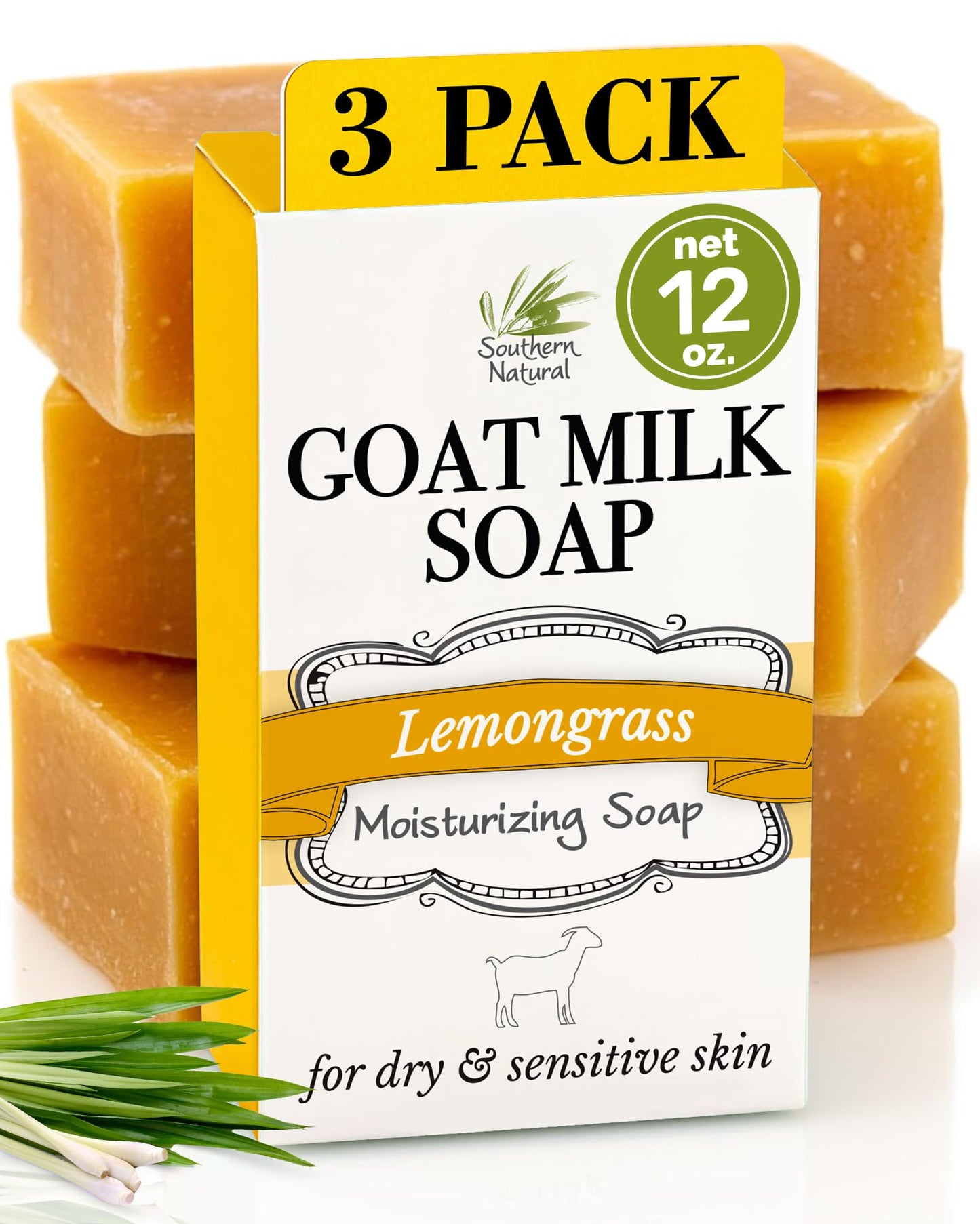 Southern Natural Goat Milk Soap Bar (Lemongrass 3 Pack) For Dry Sensitive Skin. Natural, Handmade Soap For Men, Women, Kids & Baby. Use On Face & Body