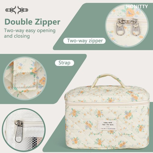 Makeup Bag,Quilted Cosmetic Bag,Large Floral Make Up Bag for Women,Cotton Makeup Bag Set,Flower Travel Toiletry Bag