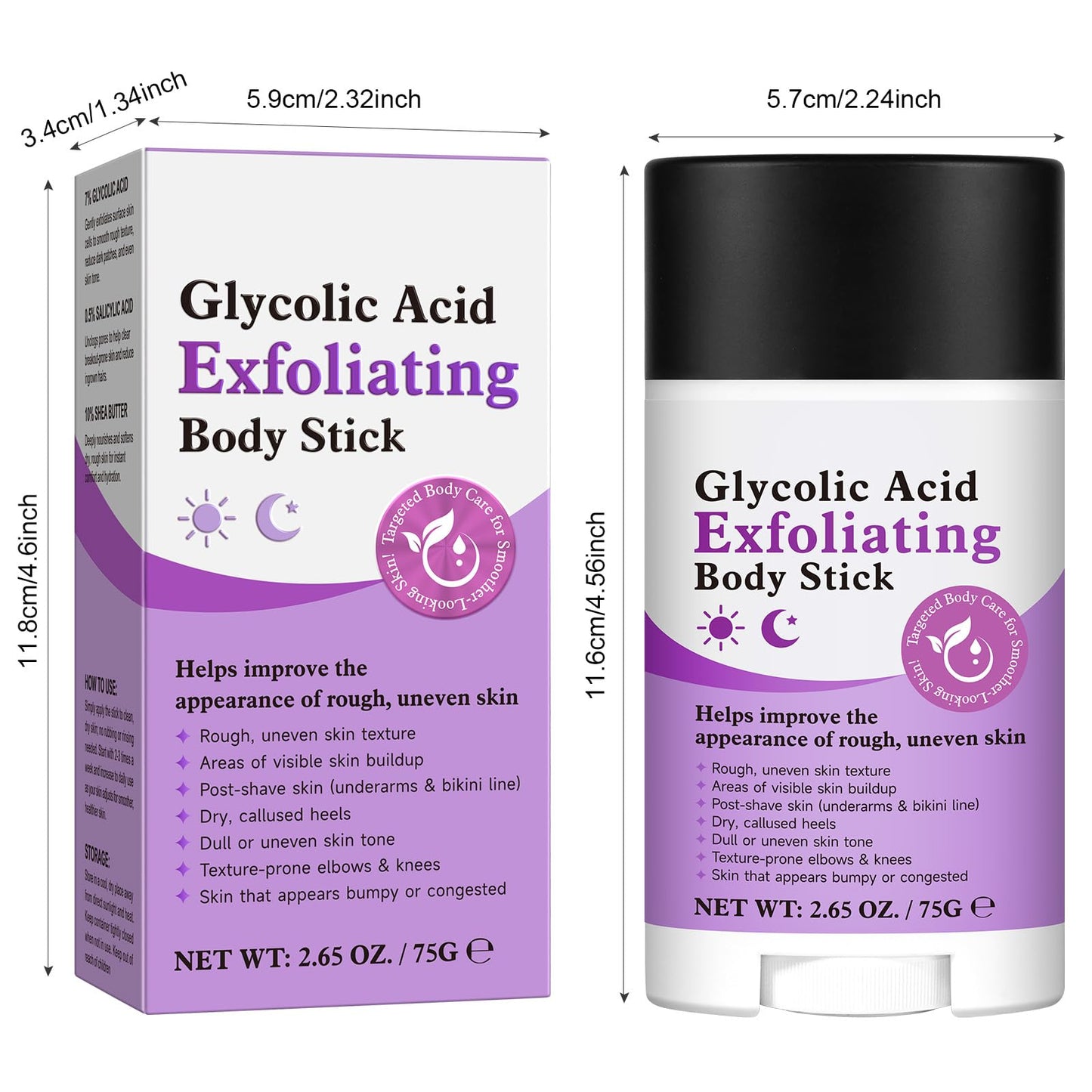 Glycolic Acid Body Scrub Stick for Rough & Bumpy Skin - 7% AHA + 0.5% BHA Exfoliating Stick with Shea Butter, Gentle Chemical Exfoliator for Arms, Legs, Back, 2.65oz for Men & Women