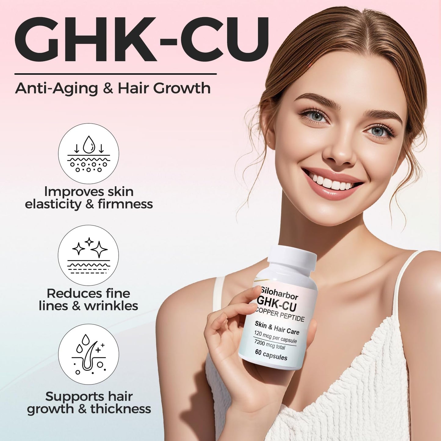 Siloharbor GHK-Cu Copper Peptide Supplement, 120mcg High-Purity Supplement for Skin & Hair, Enteric-Coated for Maximum Absorption, Vegan & Gluten-Free (60 Count)