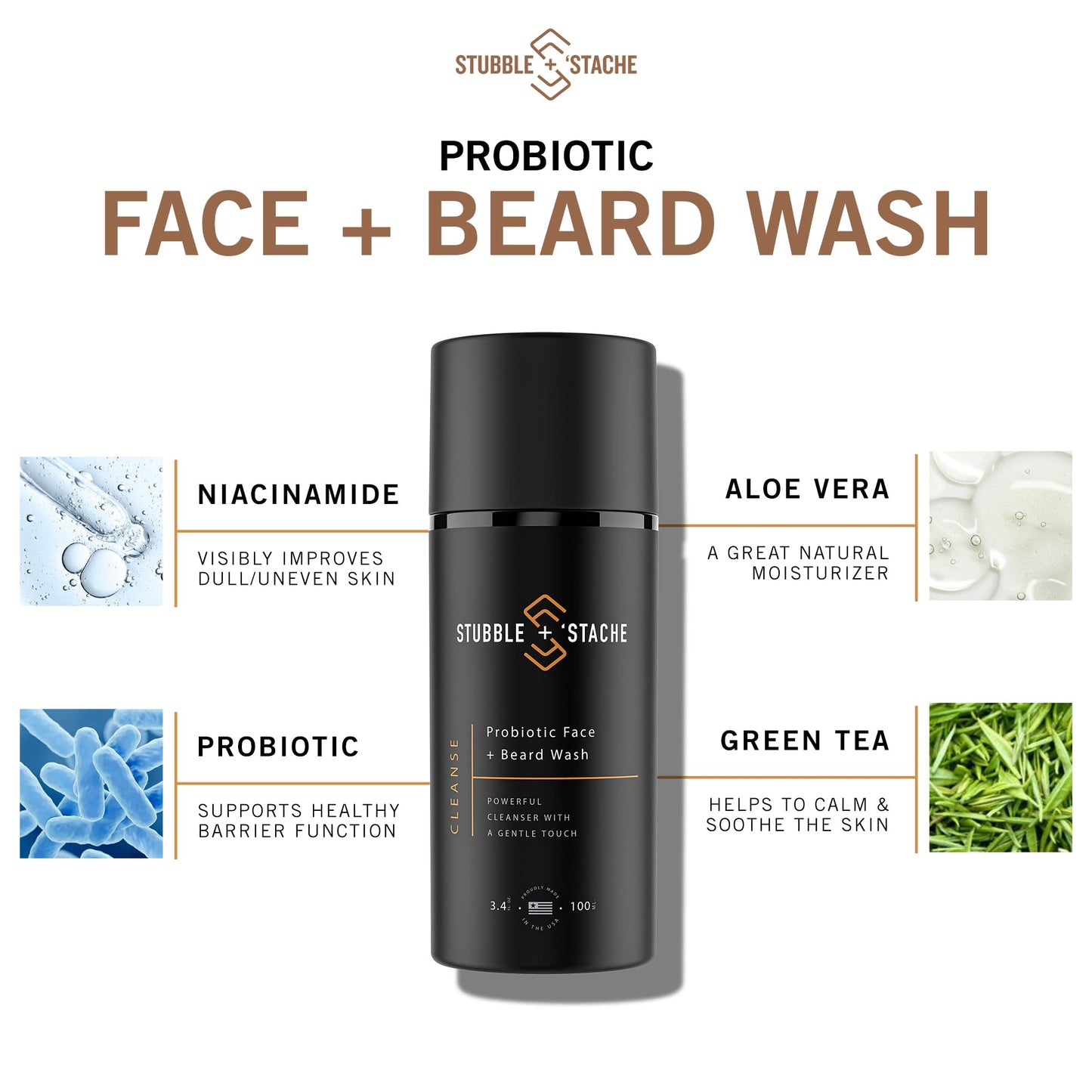 stubble & stache Face Wash and Beard Wash for Men – Daily Facial Cleanser with Niacinamide, Aloe Vera, Green Tea, and Probiotics – Fragrance-Free – 3.4 fl oz