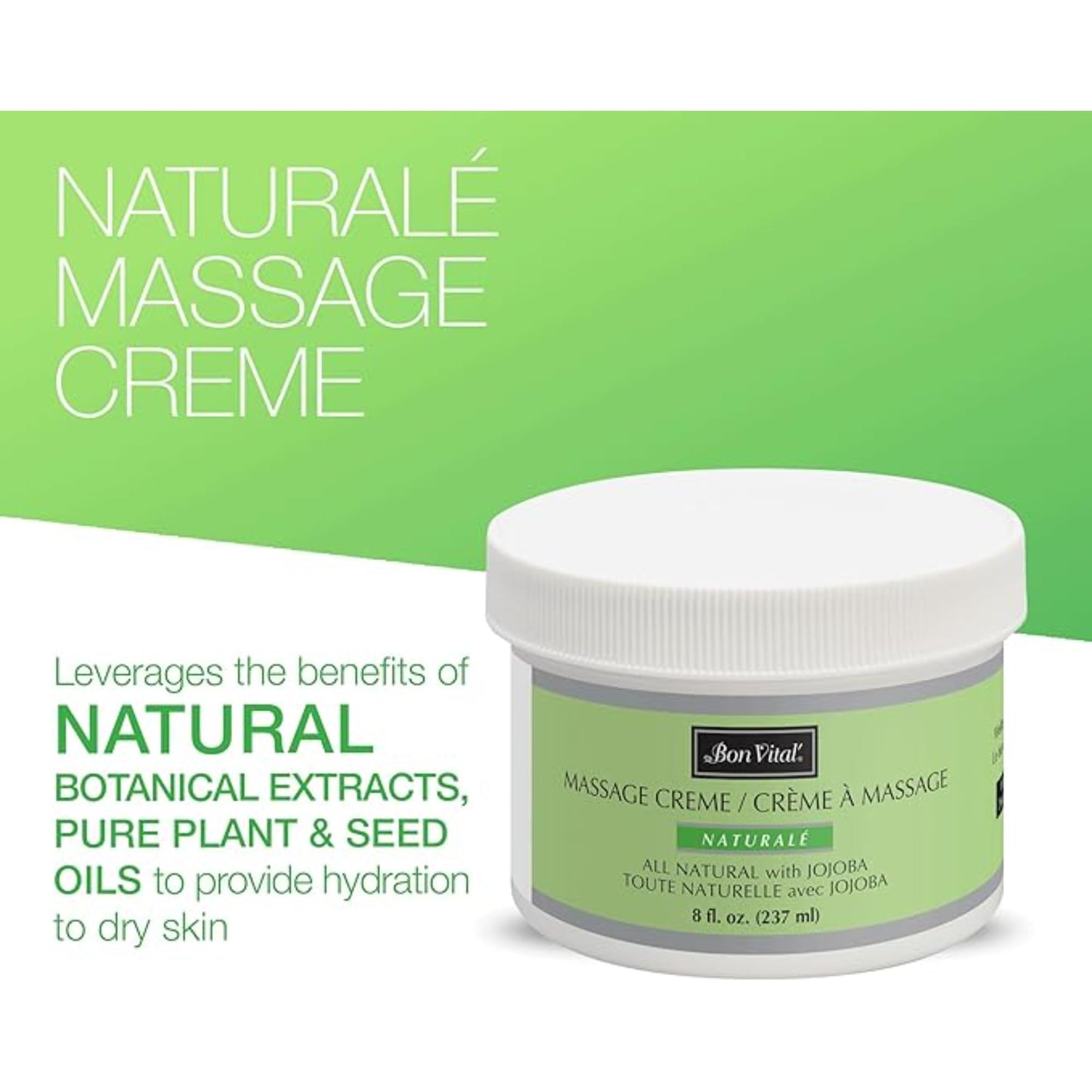 Bon Vital' Naturale Massage Crème, 8 oz, Unscented Massage Cream for Massage Therapy, Natural Botanical Formula, Water-Dispersible, Paraben & Nut Free, Smooth Skin Moisturizer