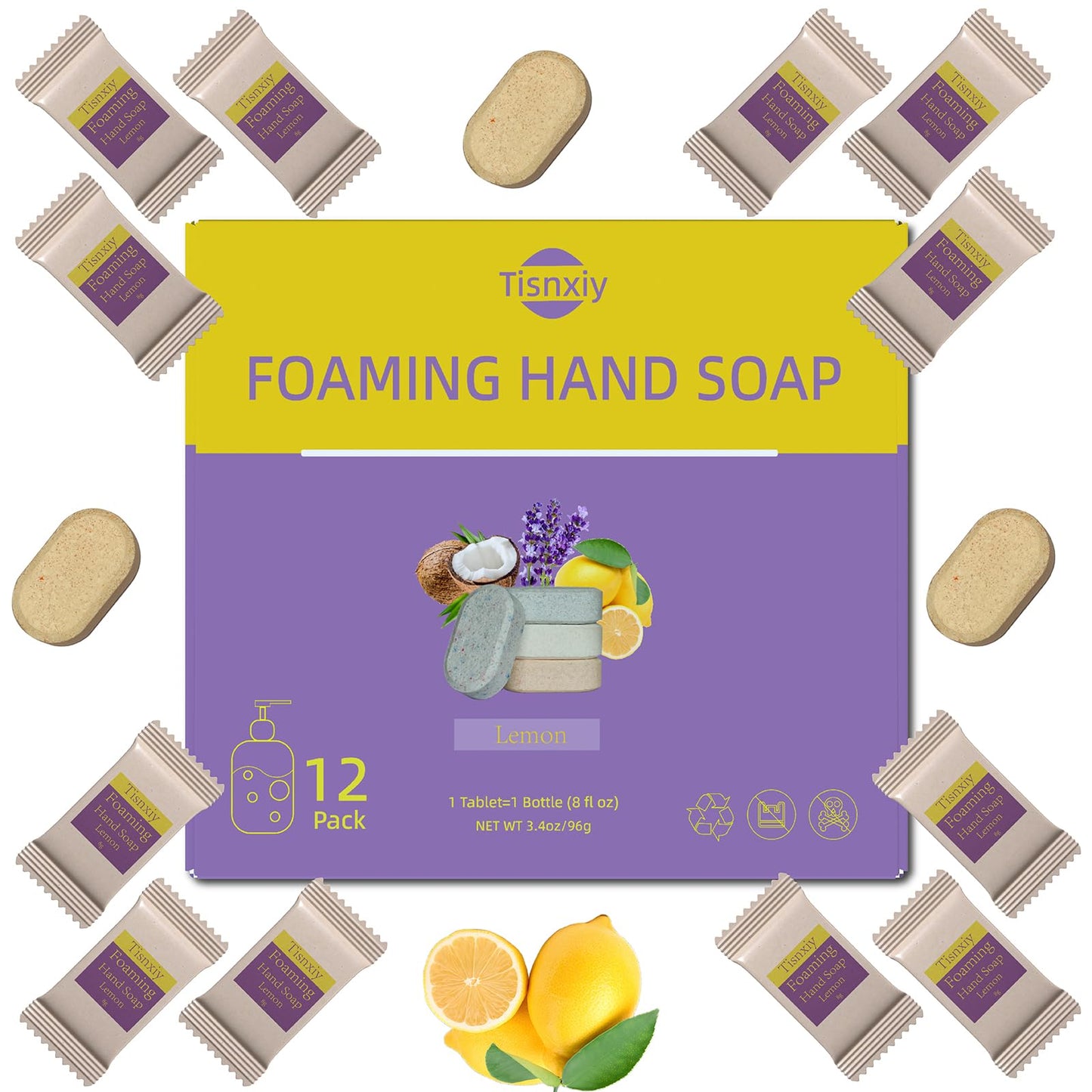 Tisnxiy Foaming Hand Soap Tablet Refills - 12 Count- 96 fl oz total (12x 8 fl oz) - Eco-Friendly Foaming Hand Soap Refill - Gentle on Hands, Kind to Earth - Lemon