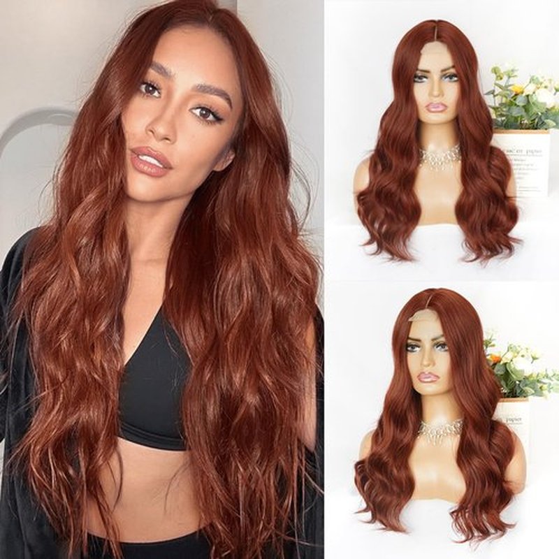 Long Auburn Wavy Wigs for Women 24 inch Copper Red Wig Natural Hair Synthetic Wig Middle Part Curly wig Heat Resistant Fiber Wigs for Daily Party Use