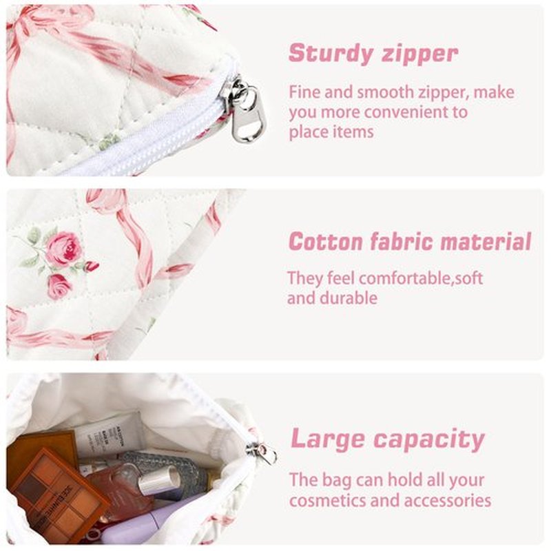 URSKYTOUS 2Pcs Cotton Quilted Makeup Bag for Women Girls Large Small Travel Floral Cosmetic Bags Set Cute Coquette Pink Makeup Pouch for Purse Aesthetic Cloth Flower Storage Toiletry Bag Organizer