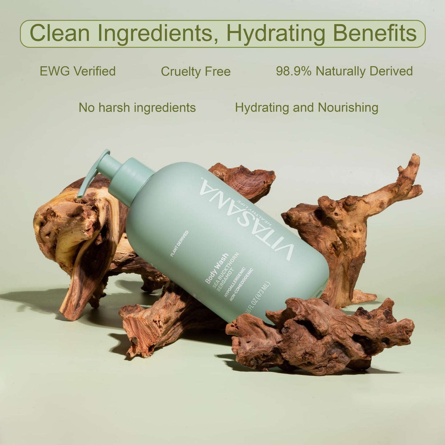 Vitasana Natural Body Wash for Sensitive Skin, 16 oz – Sea Buckthorn & Bergamot Scent, 98.9% Plant‑Derived, EWG Verified, Hypoallergenic, Paraben‑Free, Sulfate‑Free, Cruelty‑Free