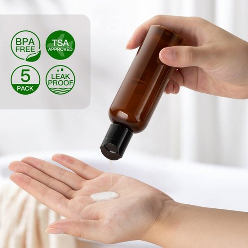 owlyee 3.4 oz Travel Bottles for Toiletries, Empty Travel Size Containers Tsa Approved, 5PCS Small Plastic Shampoo Bottles with Labels (100ml, Amber)