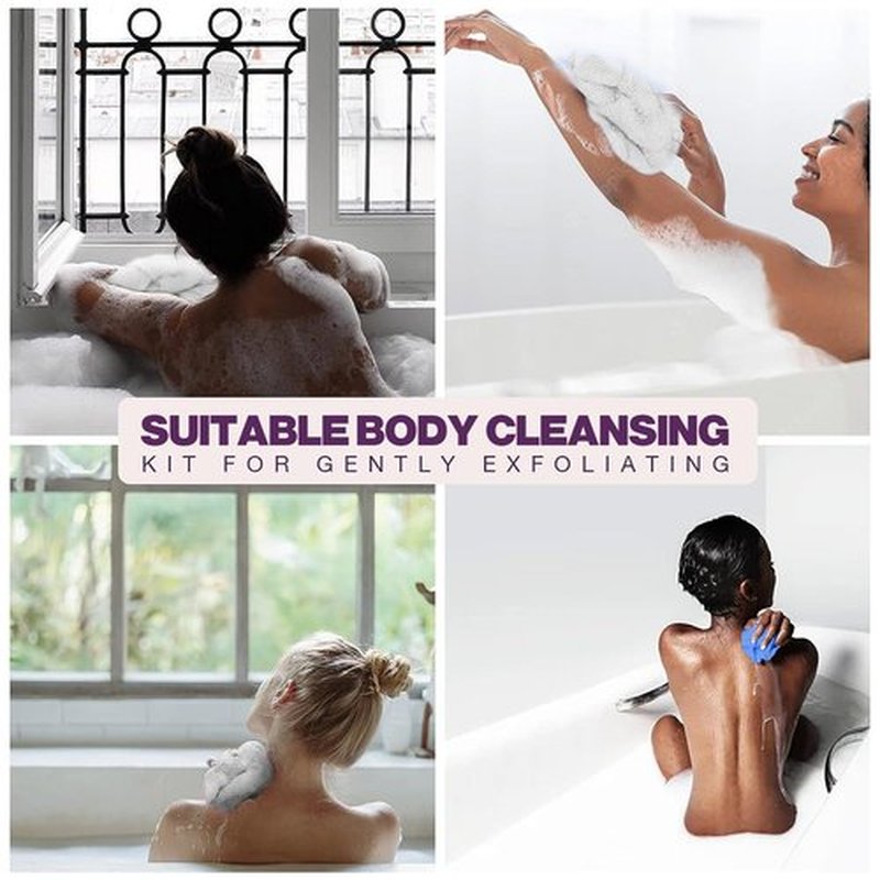 RIUOTA 3 Pieces Exfoliating Washcloth Shower Towel African Net Sponge Japanese Wash Cloth Face Exfoliating Sponge Loofah Exfoliating Body Scrubber for Body Exfoliation(Black White Blue)