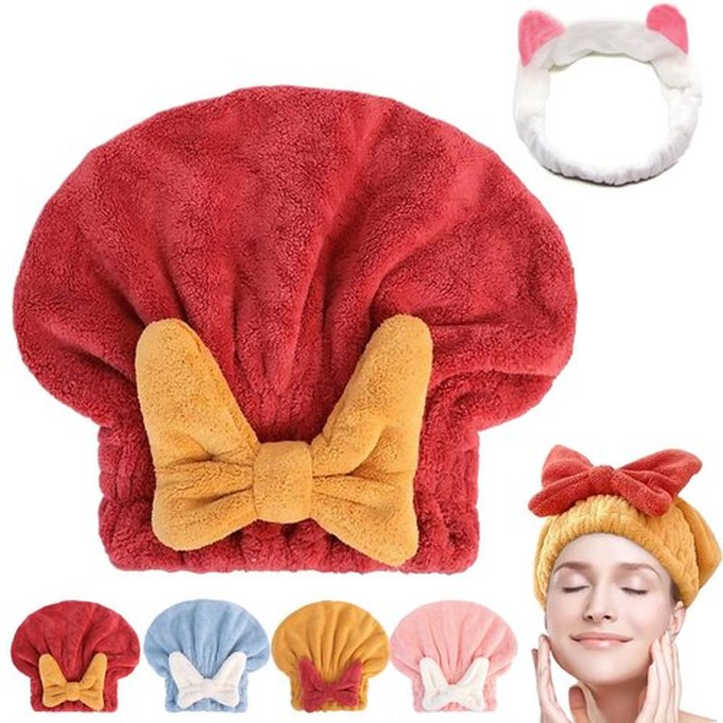 GDSAFS New Super Absorbent Hair Towel Wrap for Wet Hair, Efficient Absorbent Hair Towel Wrap, Microfiber Hair Towel Wrap, Quick-Drying Thickened Soft Bow Tie Wet Hair Towel Wrap for Women (Red)