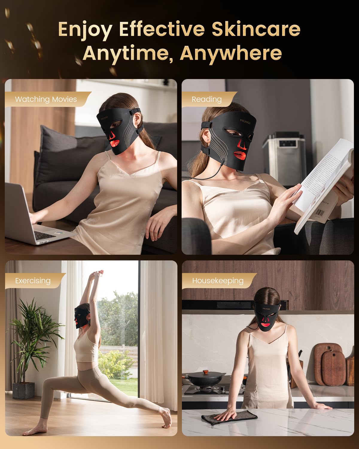 Red Light Therapy for Face – PRUNGO LED Mask with 3 Light Modes, Portable Rechargeable Device, 850nm Infrared, Lightweight & Comfortable with Remote Control and Timer, Equipped with 280 LED Lights