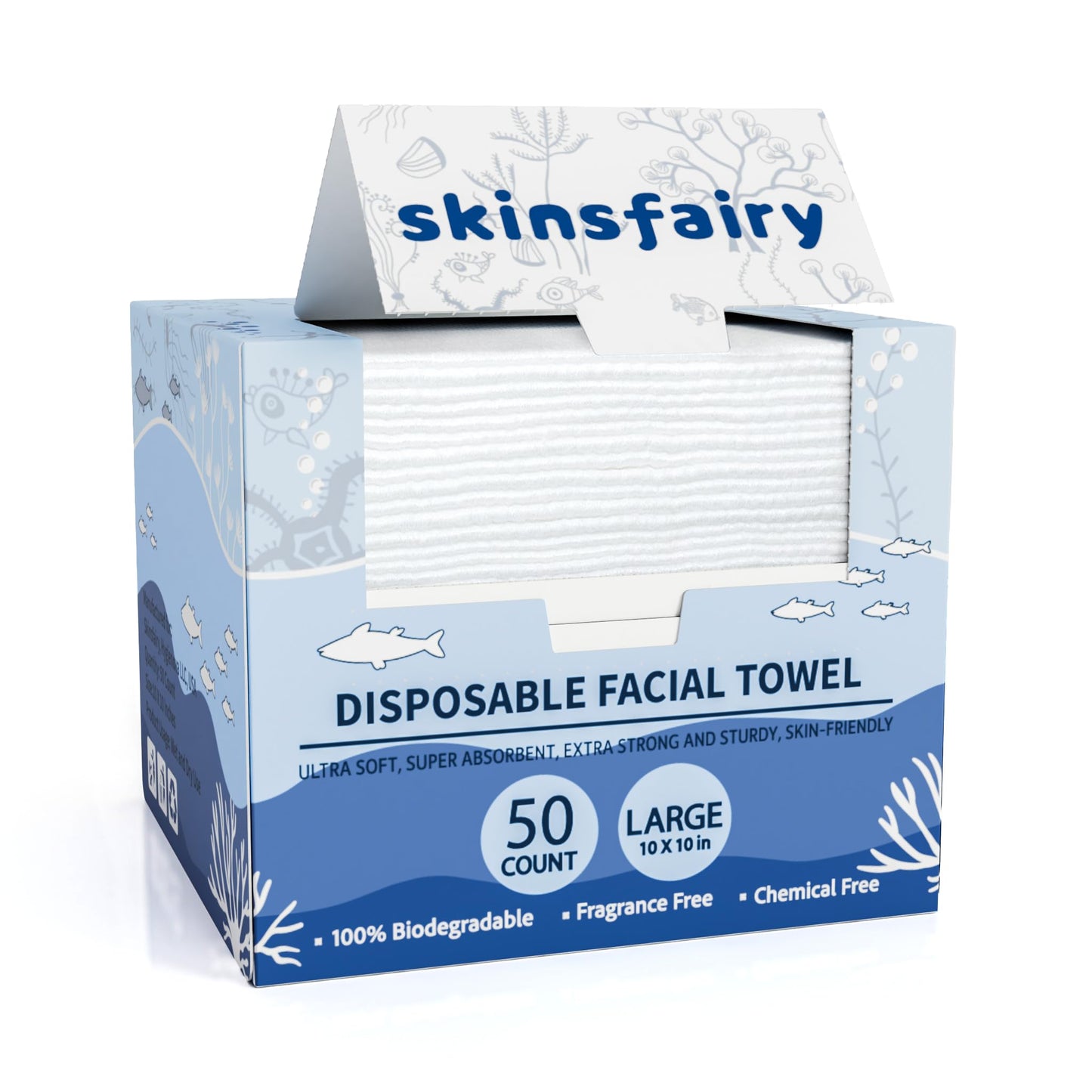 Skinsfairy Disposable Face Towels, Ultra Soft Biodegradable Dry Wipes, 50 Count 10x10'' Large Towelettes for Cleansing, Makeup Remover, Skincare, Sensitive Skin, Nursing, Travel