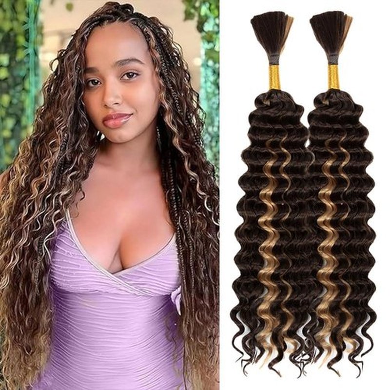 Deep Wave Bulk hair for Braiding Wet and Wavy Micro Braiding Hair No Weft Faux Deep Wave Braiding Hair Extensions for Box Boho Braids 150g with 2Bundles #P4/27 (18Inch)