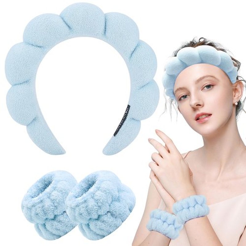 Zkptops Spa Headband for Washing Face Wristband Set Sponge Makeup Face Wash Blue Headband Wrist Towels Bubble Soft Sponge Hairband for Women Girls Puffy Winter Non Slip Thick Thin Hair Accessory