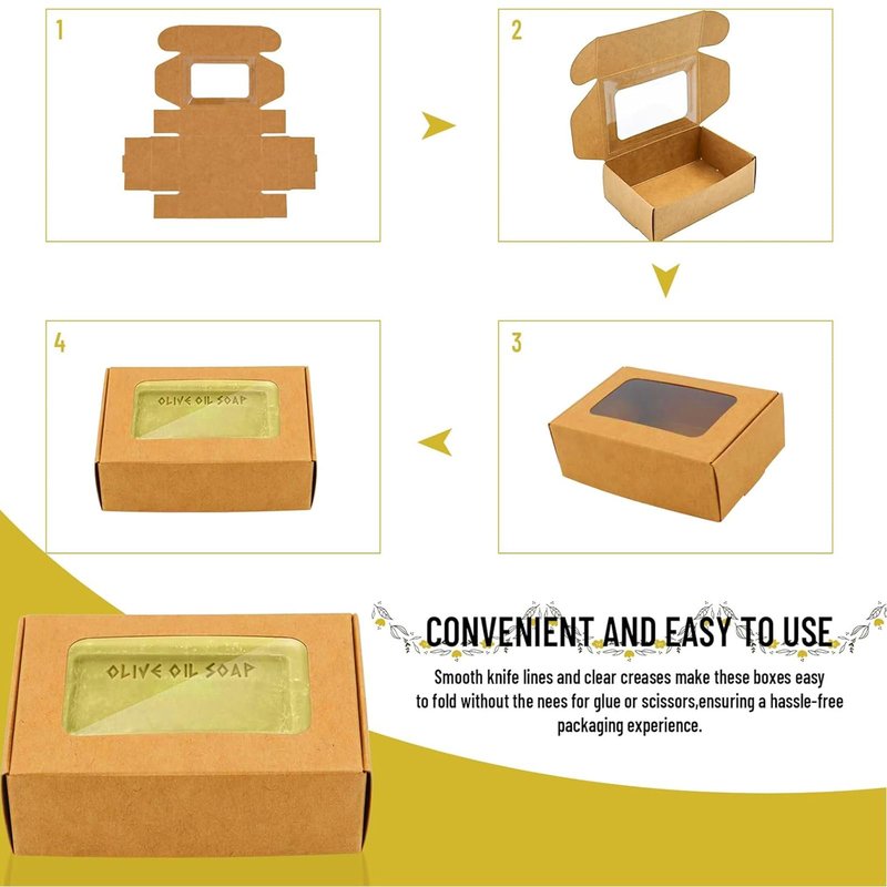 RYKOMO 40 PCS Soap Boxes for Homemade 3.55 x 2.4 x 1.2 Inch Small Soap Paper Box Mini Kraft Treat Box with Window for Homemade Soap Packaging Boxes Supplies