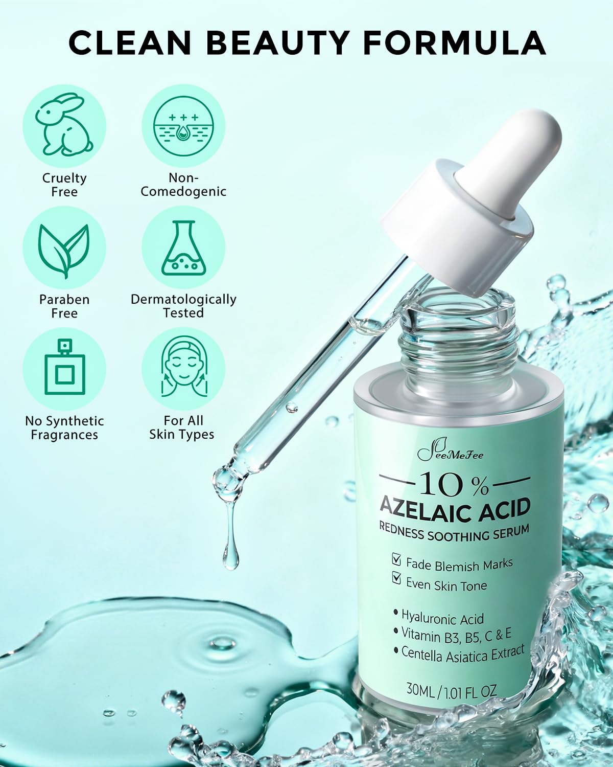Azelaic Acid Serum,10% Azelaic Acid for Face – 20,000ppm Niacinamide, 5,000ppm Vitamin B5 – Centella Asiatica & Hyaluronic Acid - Soothe Redness, Refine Texture, and Hydrate, Korean Skincare 1 Fl Oz